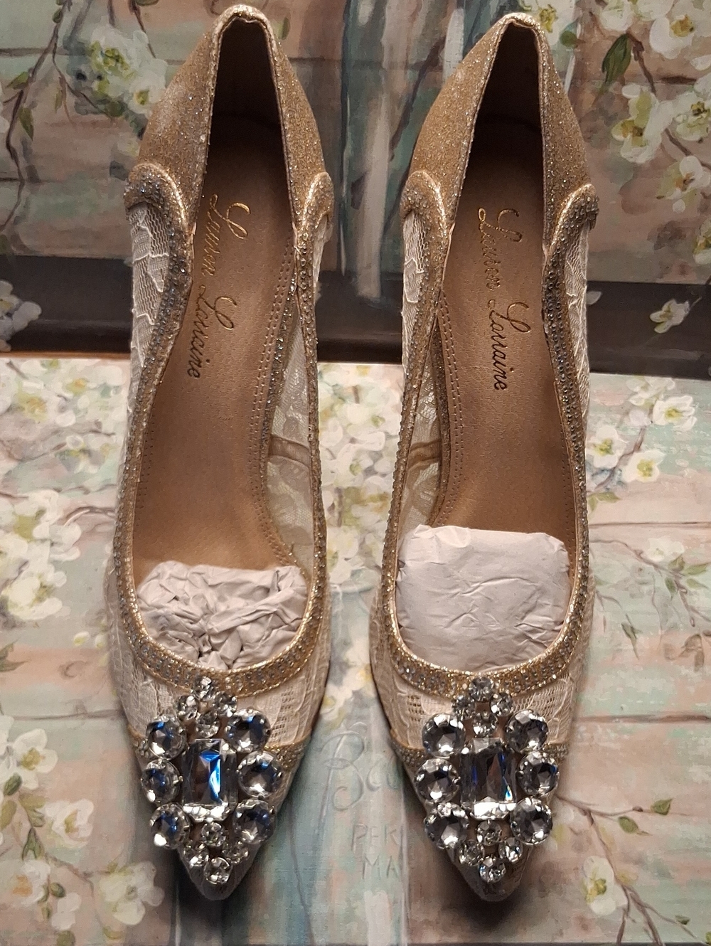 New- Gold Lace Pointed Toe Heels with Crystal Embellishment